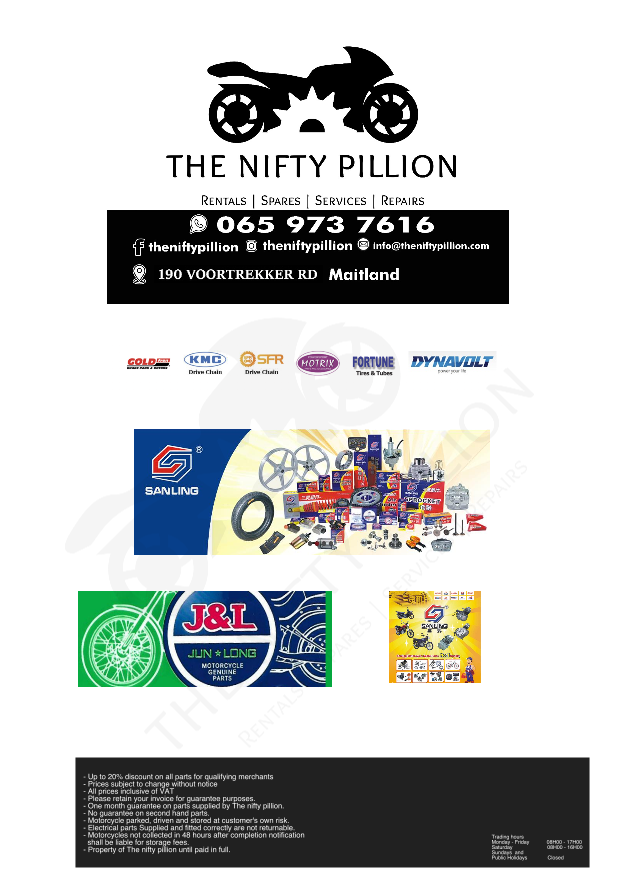 The nifty pillion, chinese spares, cheap spares, Sanling spares, jnl spares